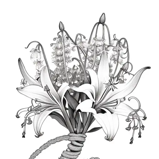 A delicate bouquet of jacobs ladder flowers intertwined with tigerlilies and lily of the valley, adorned with a baby blue ribbon tattoo design idea