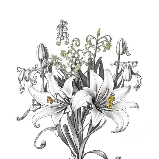 A delicate bouquet of jacobs ladder flowers intertwined with tigerlilies and lily of the valley, adorned with a baby blue ribbon tattoo design idea