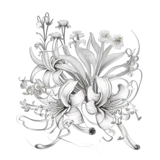 A delicate bouquet of jacobs ladder flowers intertwined with tigerlilies and lily of the valley, adorned with a baby blue ribbon tattoo design idea