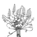 A delicate bouquet of jacobs ladder flowers intertwined with tigerlilies and lily of the valley, adorned with a baby blue ribbon tattoo design idea