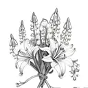 A delicate bouquet of jacobs ladder flowers intertwined with tigerlilies and lily of the valley, adorned with a baby blue ribbon tattoo design idea