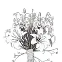 A delicate bouquet of jacobs ladder flowers intertwined with tigerlilies and lily of the valley, adorned with a baby blue ribbon tattoo design idea