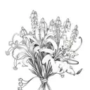 A delicate bouquet of jacobs ladder flowers intertwined with tigerlilies and lily of the valley, adorned with a baby blue ribbon tattoo design idea