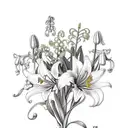 A delicate bouquet of jacobs ladder flowers intertwined with tigerlilies and lily of the valley, adorned with a baby blue ribbon tattoo design idea
