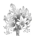 A delicate bouquet of jacobs ladder flowers intertwined with tigerlilies and lily of the valley, adorned with a baby blue ribbon tattoo design idea
