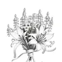 A delicate bouquet of jacobs ladder flowers intertwined with tigerlilies and lily of the valley, adorned with a baby blue ribbon tattoo design idea