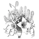 A delicate bouquet of jacobs ladder flowers intertwined with tigerlilies and lily of the valley, adorned with a baby blue ribbon tattoo design idea
