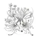 A delicate bouquet of jacobs ladder flowers intertwined with tigerlilies and lily of the valley, adorned with a baby blue ribbon tattoo design idea