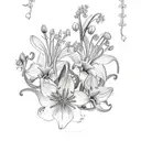 A delicate bouquet of jacobs ladder flowers intertwined with tigerlilies and lily of the valley, adorned with a baby blue ribbon tattoo design idea