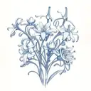 A delicate bouquet of jacobs ladder flowers intertwined with tigerlilies and lily of the valley, adorned with a baby blue ribbon tattoo design idea