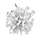 A delicate bouquet of jacobs ladder flowers intertwined with tigerlilies and lily of the valley, adorned with a baby blue ribbon tattoo design idea