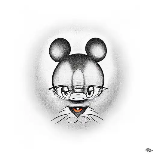A realistic portrait of Mickey Mouse surrounded by holographic cats tattoo design idea