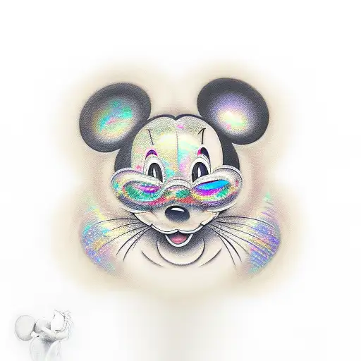A realistic portrait of Mickey Mouse surrounded by holographic cats tattoo design idea