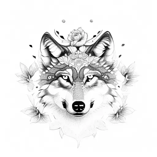 wolf, roses and butterflies tattoo design idea