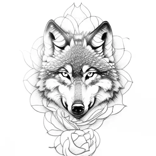 wolf, roses and butterflies tattoo design idea