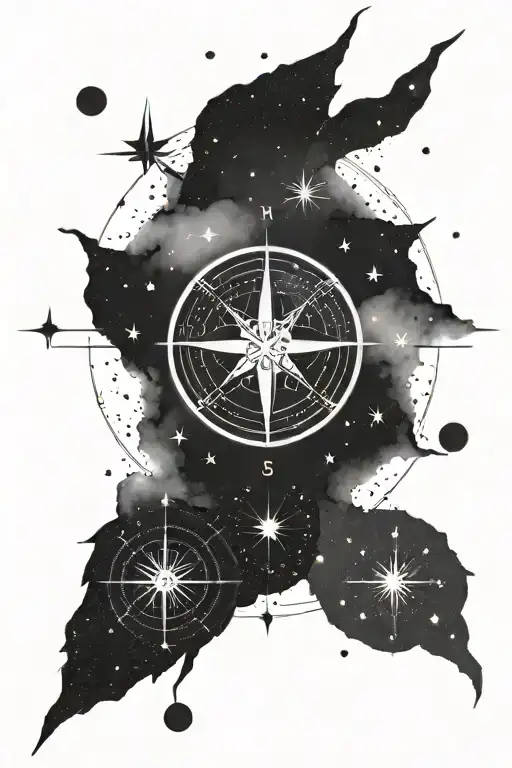 A dotwork tattoo of a compass rose surrounded by moon phases and Cancer constellation stars, representing the client's passion for astrology and navigation tattoo design idea