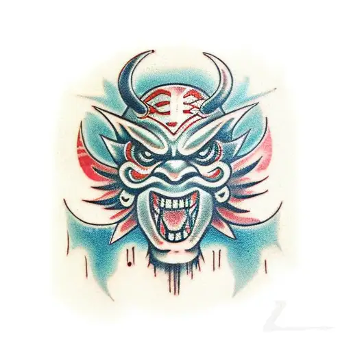 broken oni mask tattoo design idea