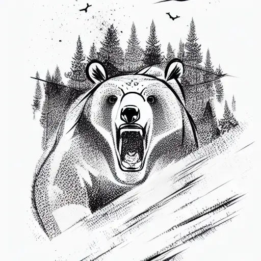 agressive bear rushing through the trees tattoo design idea