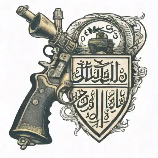 Iraq war with arabic writing of military police and Iraq country in the back tattoo design idea