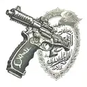 Iraq war with arabic writing of military police and Iraq country in the back tattoo design idea