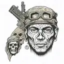 Iraq war veteran with arabic writing of military police and Iraq country in the back with skulls tattoo design idea