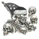Iraq war veteran with arabic writing of military police and Iraq country in the back with skulls tattoo design idea