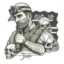 Iraq war veteran with arabic writing of military police and Iraq country in the back with skulls tattoo design idea