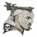 Iraq war veteran with arabic writing of military police and Iraq country in the back with skulls tattoo design idea