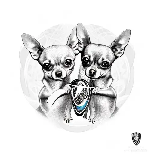 A realistic tattoo design of two Chihuahua dogs holding the World Cup trophy, with intricate details and shading tattoo design idea