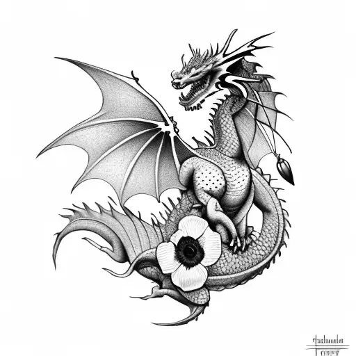 dragon with red poppy flowers tattoo design idea