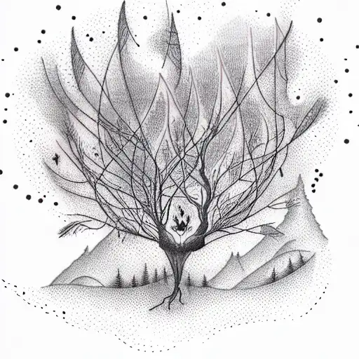 Willow tree surrounded by fireflies tattoo design idea