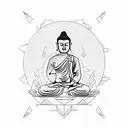 Buddha Monk with a calico cat head with a bonsai tree growing on head tattoo design idea