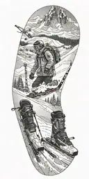 ski mountain scene featuring resort elements and ski gear, showing a skier in deep powder  tattoo design idea