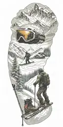 ski mountain scene featuring resort elements and ski gear, showing a skier in deep powder  tattoo design idea