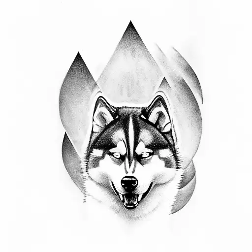 tattoo for arm where husky breeds and four elements around him, water, air, fire, earth tattoo design idea