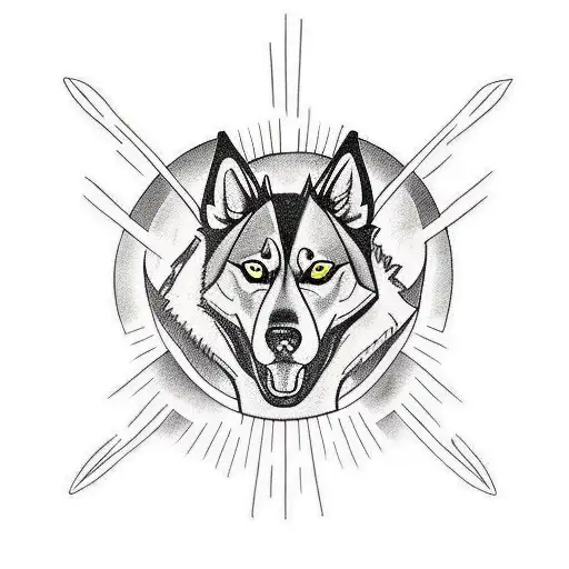 tattoo for arm where husky breeds and four elements around him, water, air, fire, earth tattoo design idea