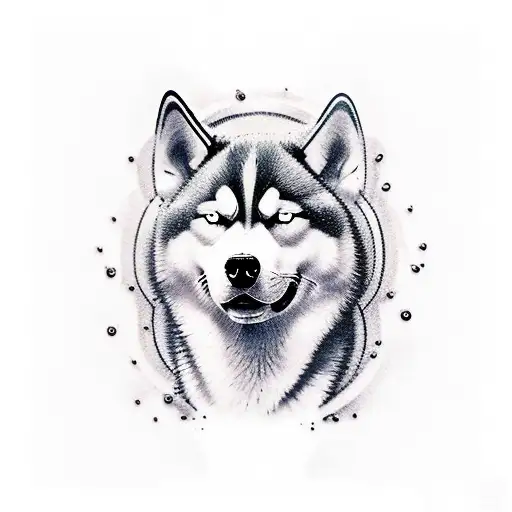 tattoo for arm where husky breeds and four elements around him, water, air, fire, earth tattoo design idea