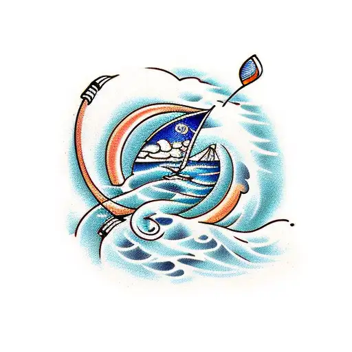 straight simple line with beach waves one one side and golf on the other tattoo design idea