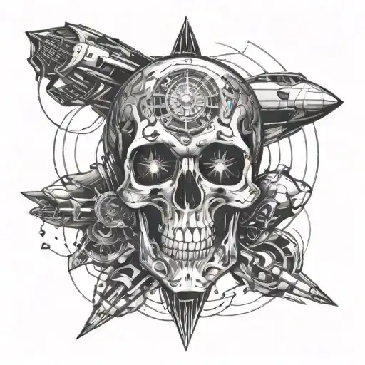 Incorporate a skull with intricate spaceship designs to represent the fusion of death metal and aerospace engineering tattoo design idea