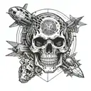 Incorporate a skull with intricate spaceship designs to represent the fusion of death metal and aerospace engineering tattoo design idea