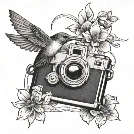 A delicate tattoo of a hummingbird hovering over a vintage film camera tattoo design idea