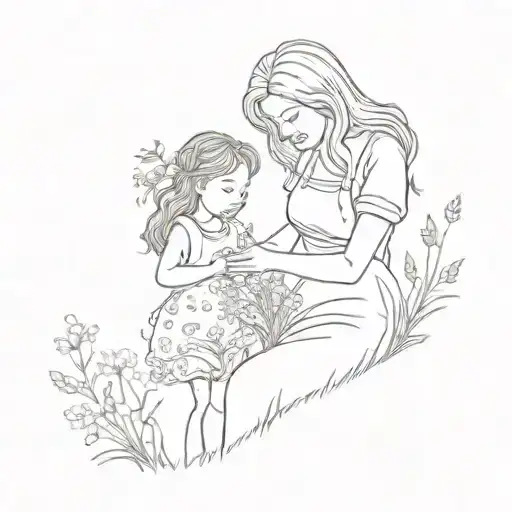 A whimsical tattoo of a mother and daughter picking flowers in a meadow, capturing a precious moment in a playful and artistic way tattoo design idea