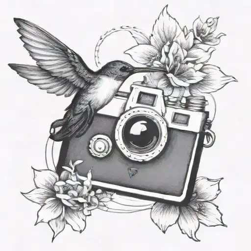 A delicate tattoo of a hummingbird hovering over a vintage film camera tattoo design idea