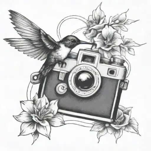 A delicate tattoo of a hummingbird hovering over a vintage film camera tattoo design idea