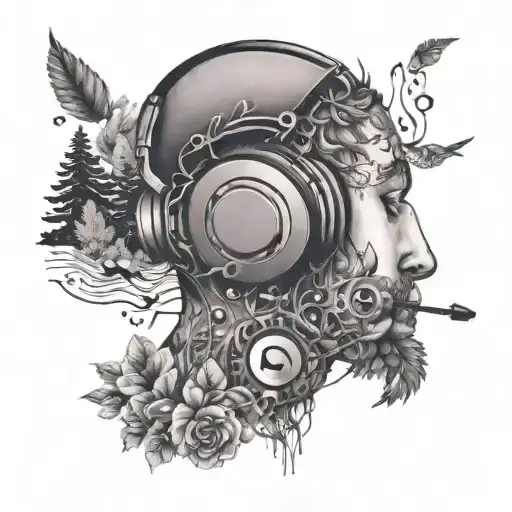 A tattoo of a person with headphones on, surrounded by nature and music notes, capturing your love for music and nature tattoo design idea