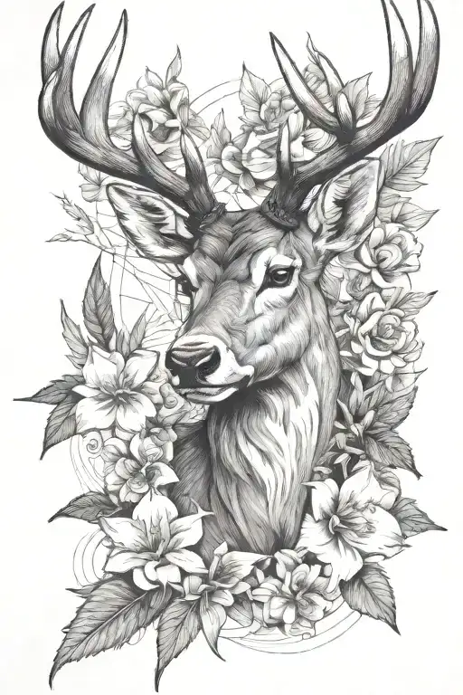 line drawing tattoo of a stag head, gladiolus, larkspur flowers and a marijuana plant, black and shade for forearm. tattoo design idea
