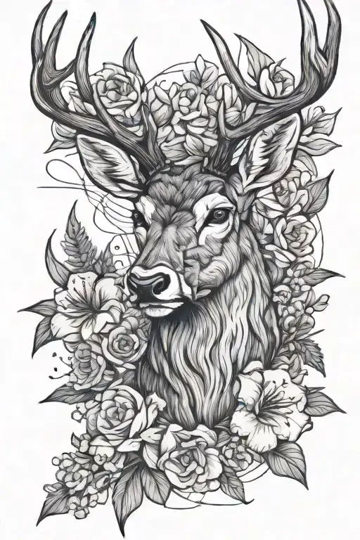 line drawing tattoo of a stag head, gladiolus, larkspur flowers and a marijuana plant, black and shade for forearm. tattoo design idea