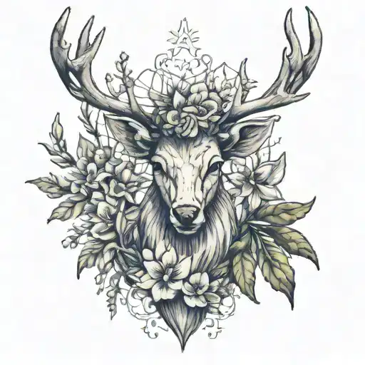 stag head with gladiolus and larkspur flowers incorporated as well as a subtle hemp leaf tattoo design idea