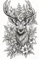 line drawing tattoo of a stag head, gladiolus, larkspur flowers and a marijuana plant, black and shade for forearm. tattoo design idea