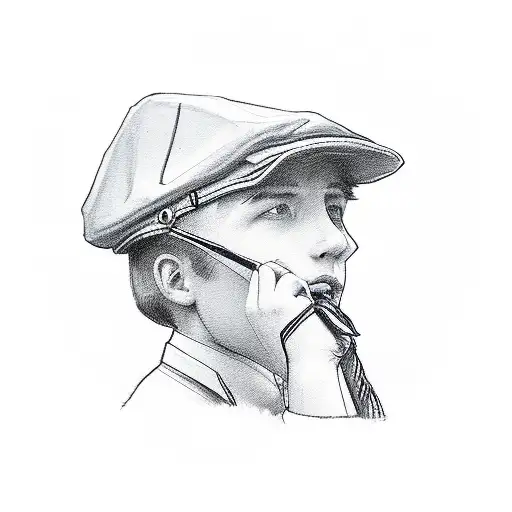 a line drawn image of a private school school boy from the 80s wearing cap, shorts and blazer walking into the distance  tattoo design idea